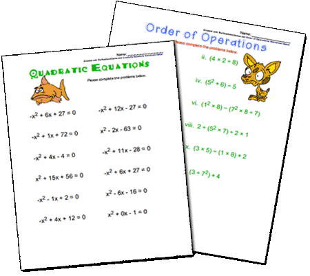 Algebra Worksheets - Quadratic Equations and Order of Ops